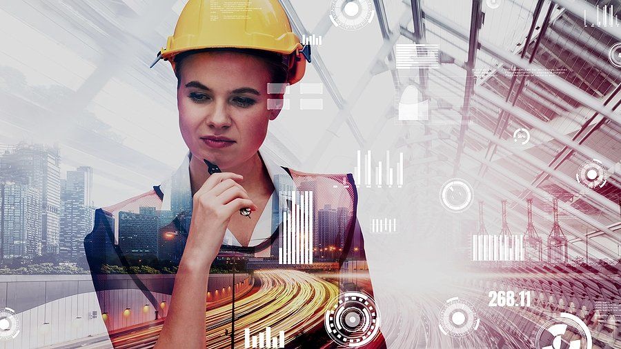 Construction female worker with yellow hard hat, overlay with graphs and city scape in the background.