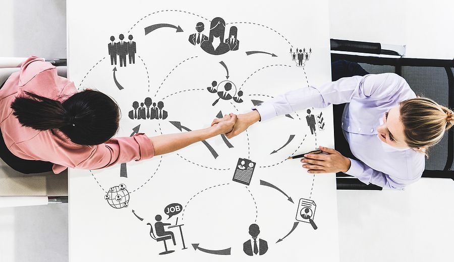 Human Resources Recruitment and People Networking Concept. Modern graphic interface showing professional employee hiring and headhunter seeking interview candidate for future manpower.