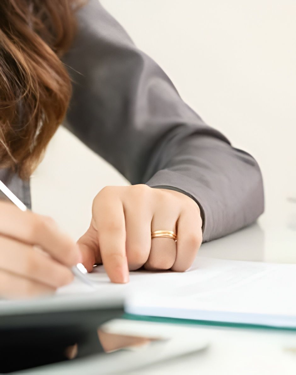 Woman's Hand in a Suit Jacket With a Gold Ring, Writing on Paper at a Desk — Hannaway Lawyers in Kempsey, NSW