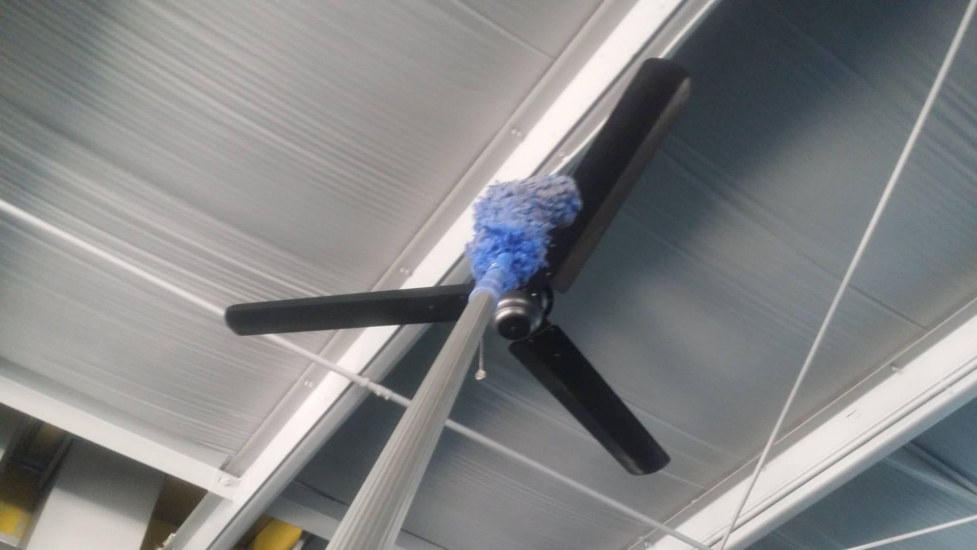 A ceiling fan is being cleaned with a blue brush