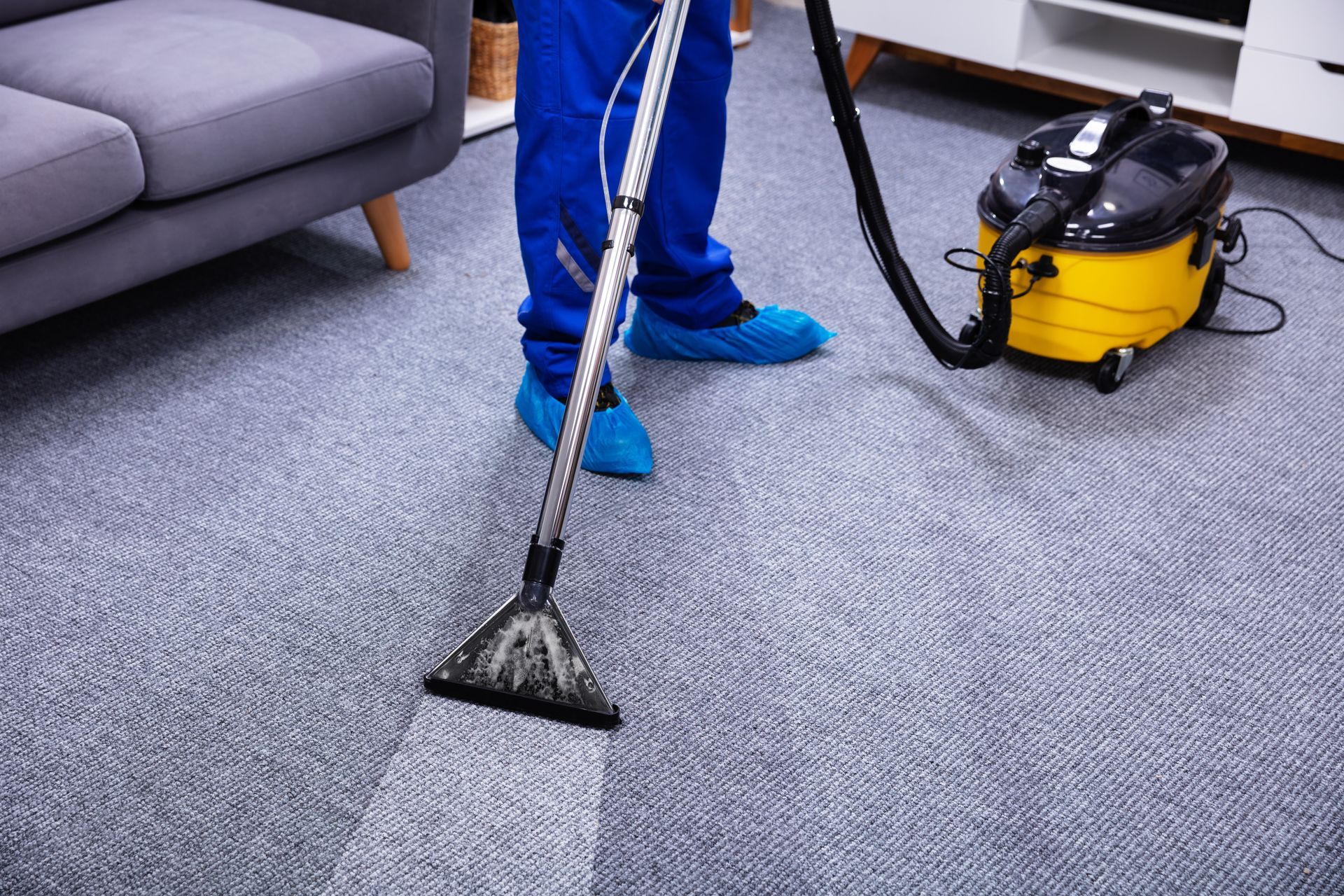A vacuum cleaner is sitting on top of a carpeted floor in a room.