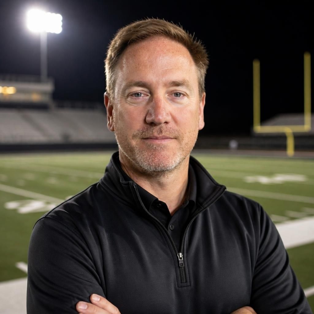 Man with crossed arms on a football field. He is wearing a blue polo shirt, khaki pants, and has a serious expression.