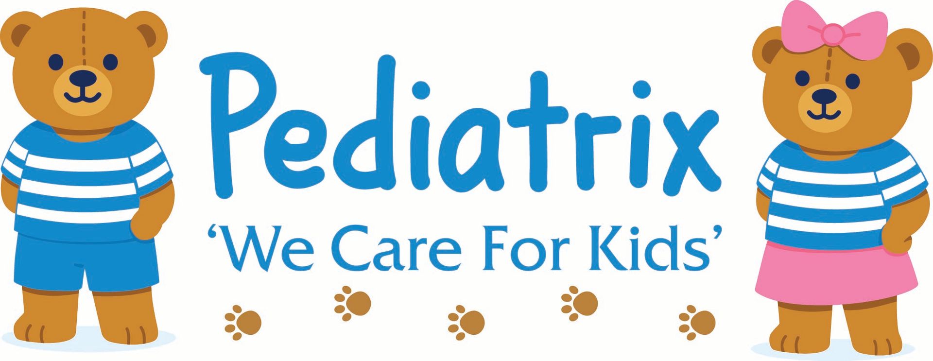 Logo with two teddy bears flanking the text "Pediatrix" and "We Care For Kids". Bears wear blue and pink outfits.
