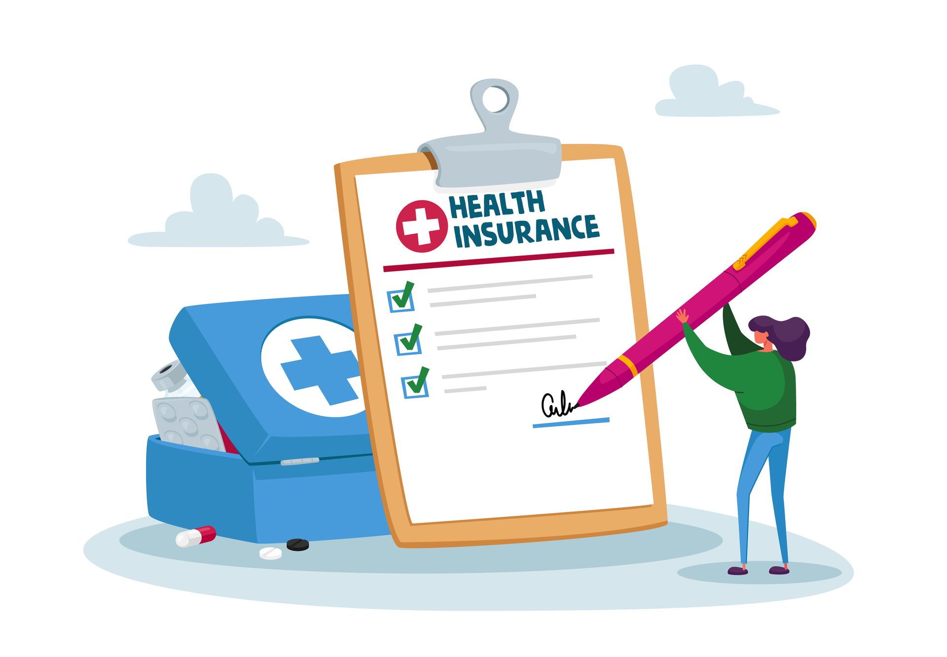 Person signing health insurance form next to a first aid kit.