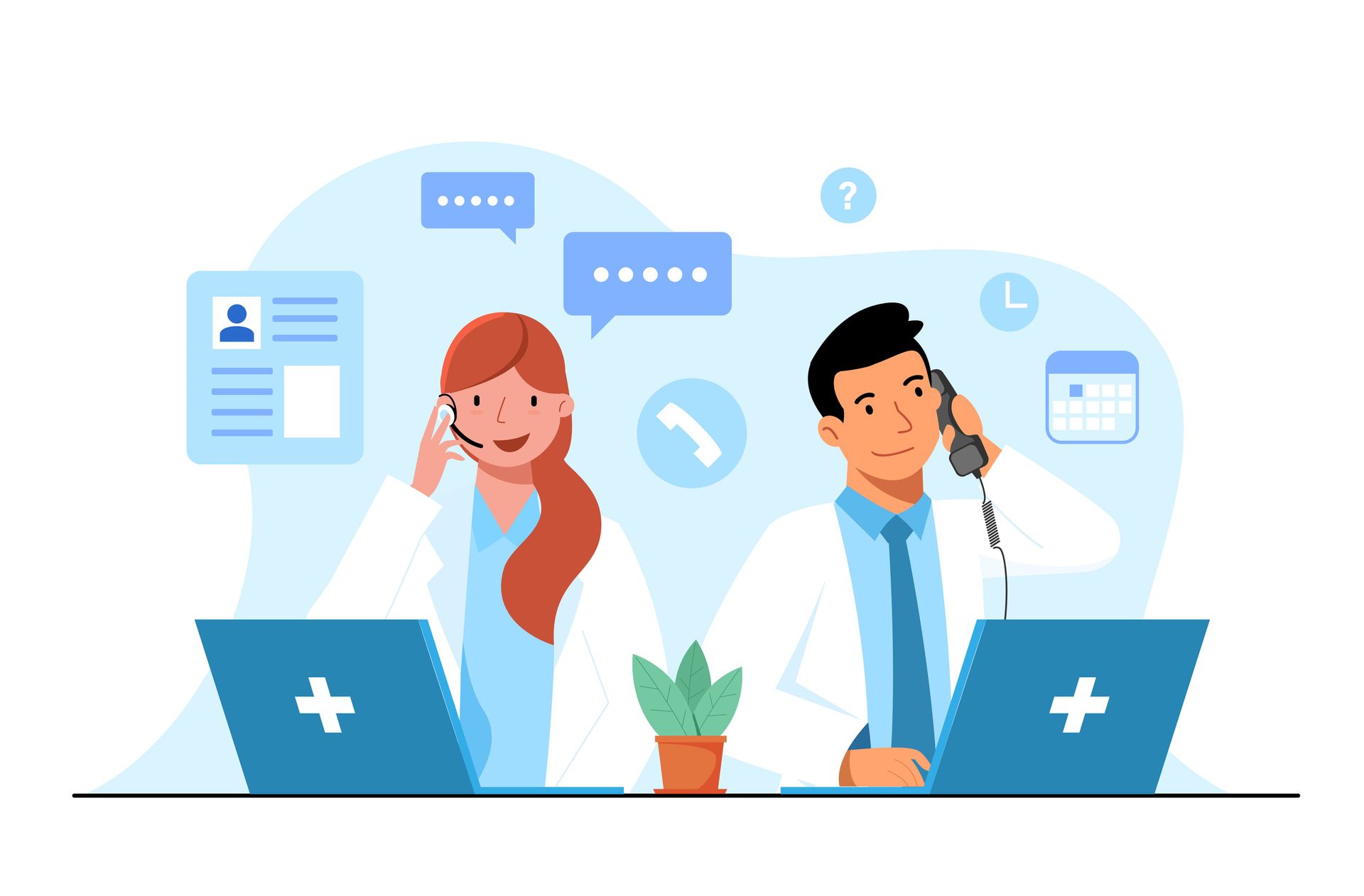 Cartoon picture of two medical professionals on the phone, at their computers.