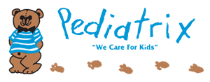 A pediatrix logo with a teddy bear wearing a striped shirt