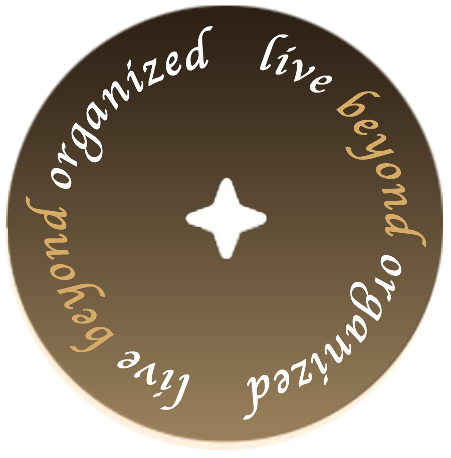 Brown circular logo with white curved text reading “live beyond organized” and a white star in the center