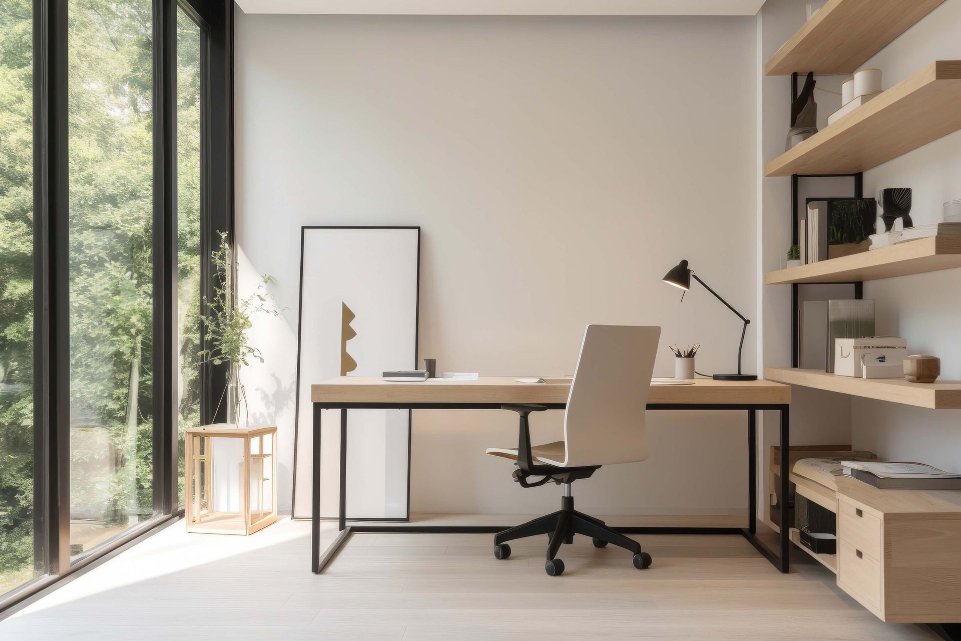 Home office with desk, chair, lamp, shelving, and large window overlooking greenery.