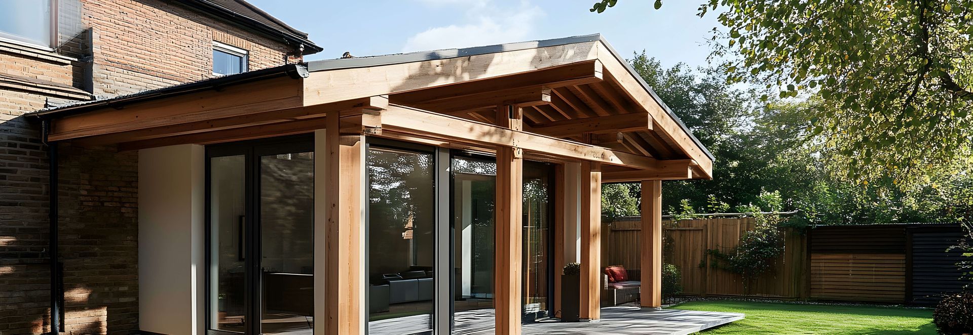 Wooden porch extension with glass doors, attached to a stone house. Green lawn and trees.