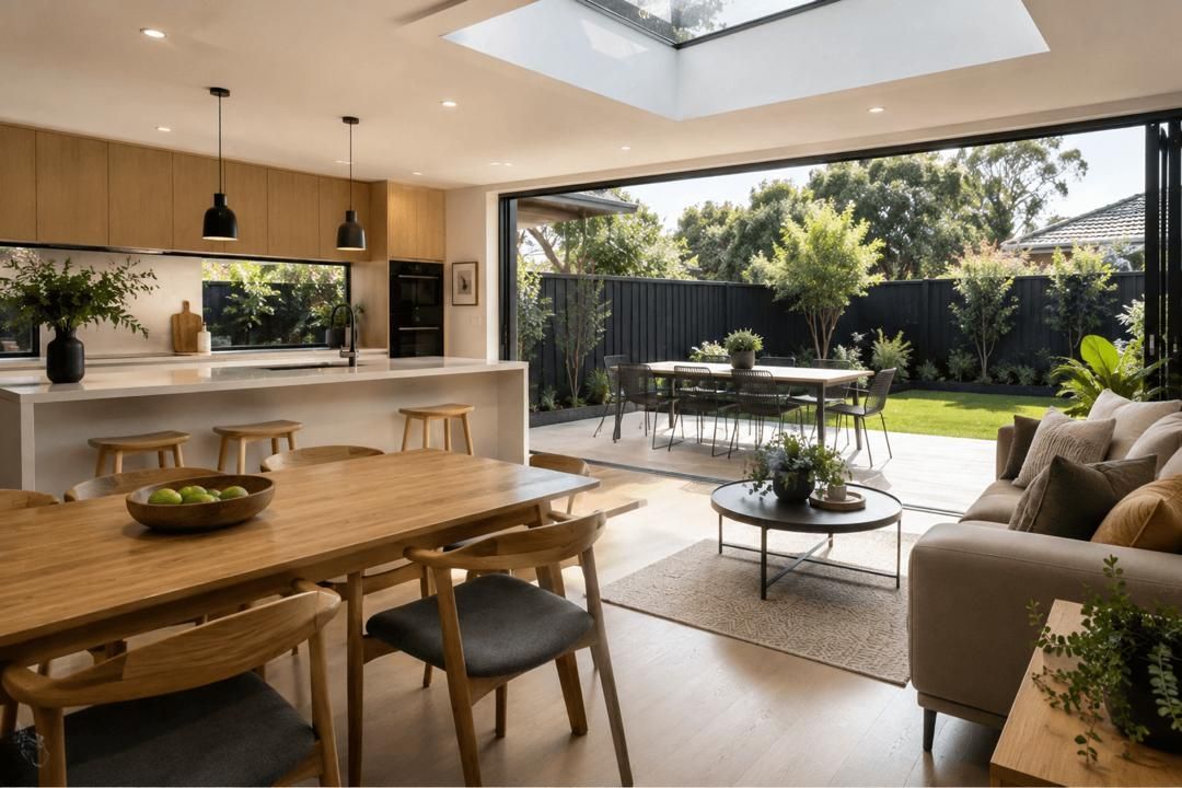 Modern open-plan kitchen and living room with wooden table, sofa, and large open doors to a sunny garden.