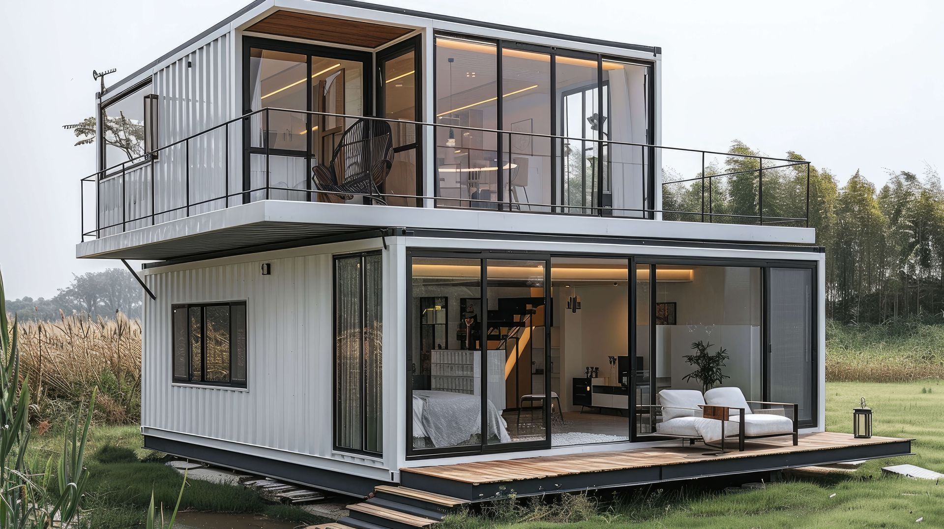 A house made out of shipping containers is sitting on top of a lush green field.