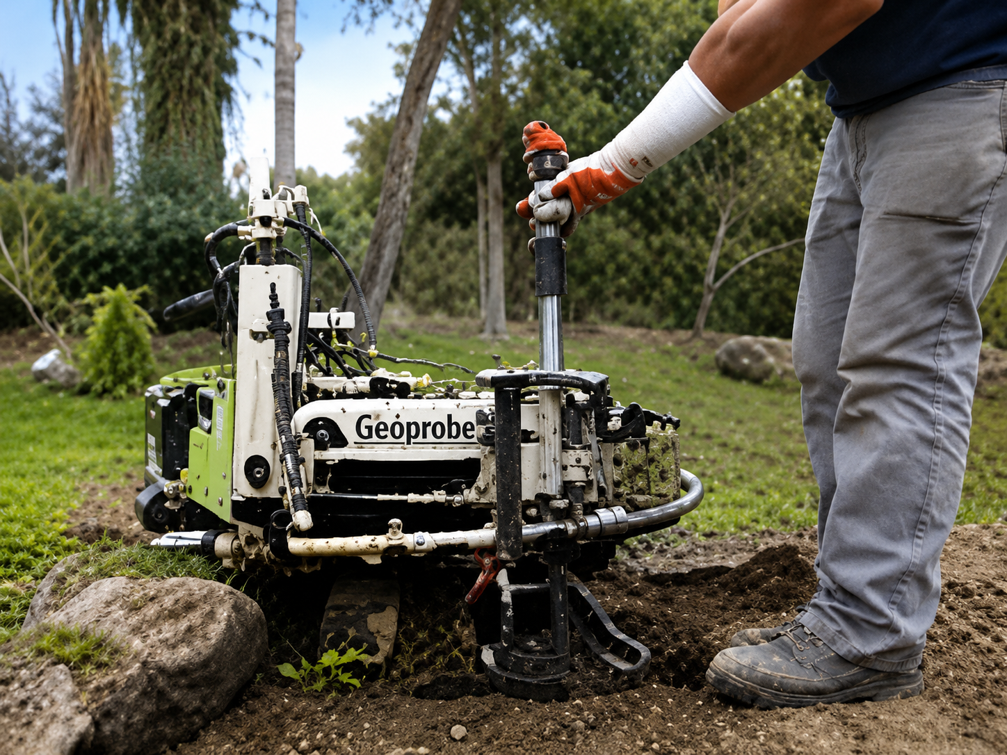 Un robot da giardino compatto taglia l'erba accanto a una persona che ne impugna i comandi in un parco.