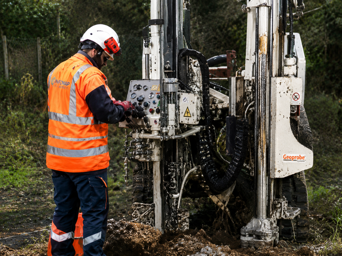 Un operaio con indosso una tuta di sicurezza arancione manovra una piattaforma di perforazione in un cantiere all'aperto fangoso.