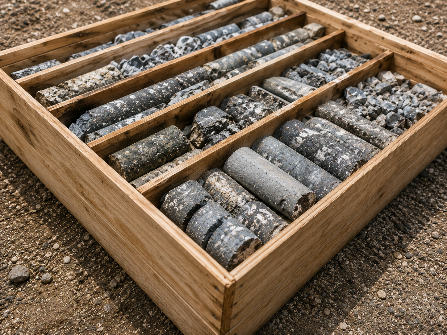 Vassoio in legno contenente punte da trapano cilindriche assortite su una superficie ruvida
