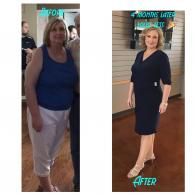 A before and after photo of a woman in a blue tank top and white pants.