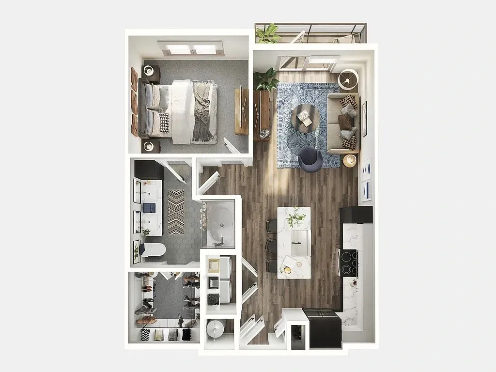 Top-down floor plan of a modern apartment with living room, kitchen, bathroom, and bedroom.