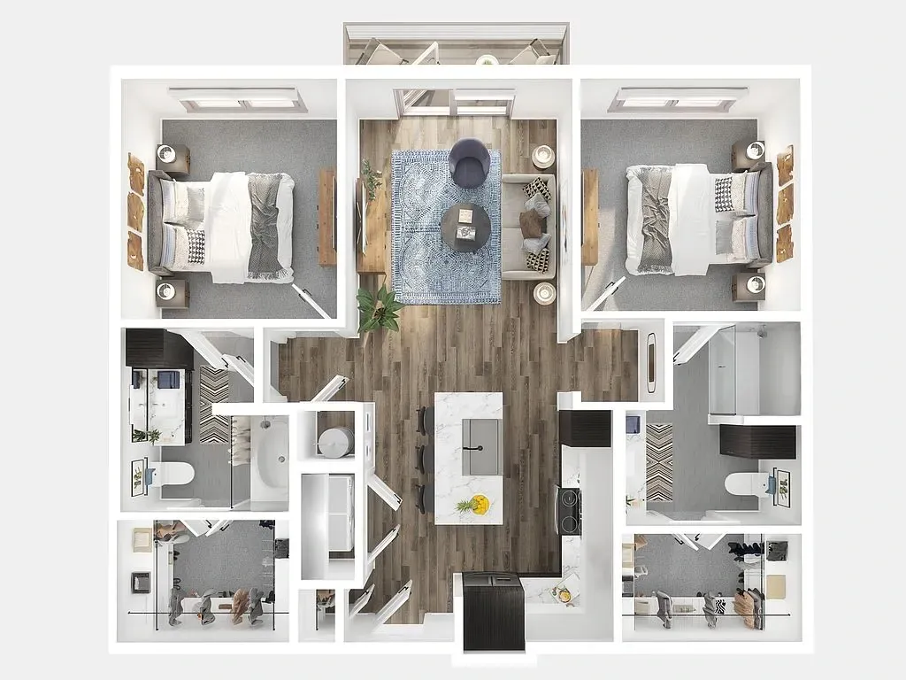 Top-down floor plan of a two-bedroom apartment with living area, kitchen, bathrooms, and central hallway.