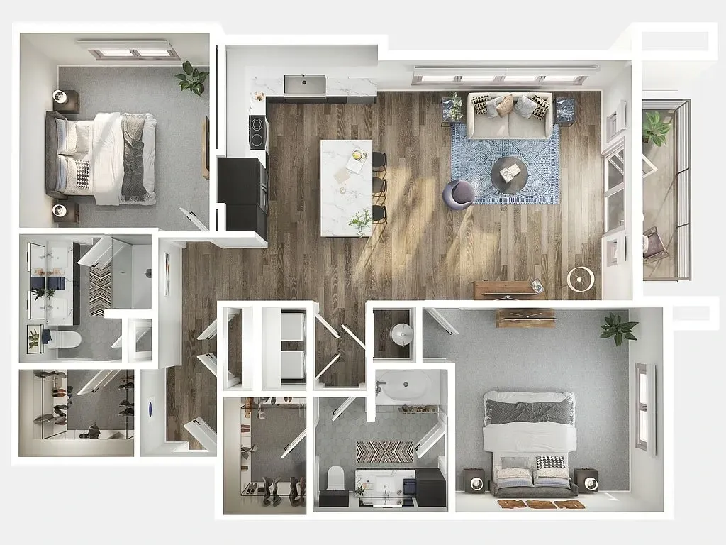 3D floor plan of a modern apartment with bedroom, bathroom, kitchen, and open living area