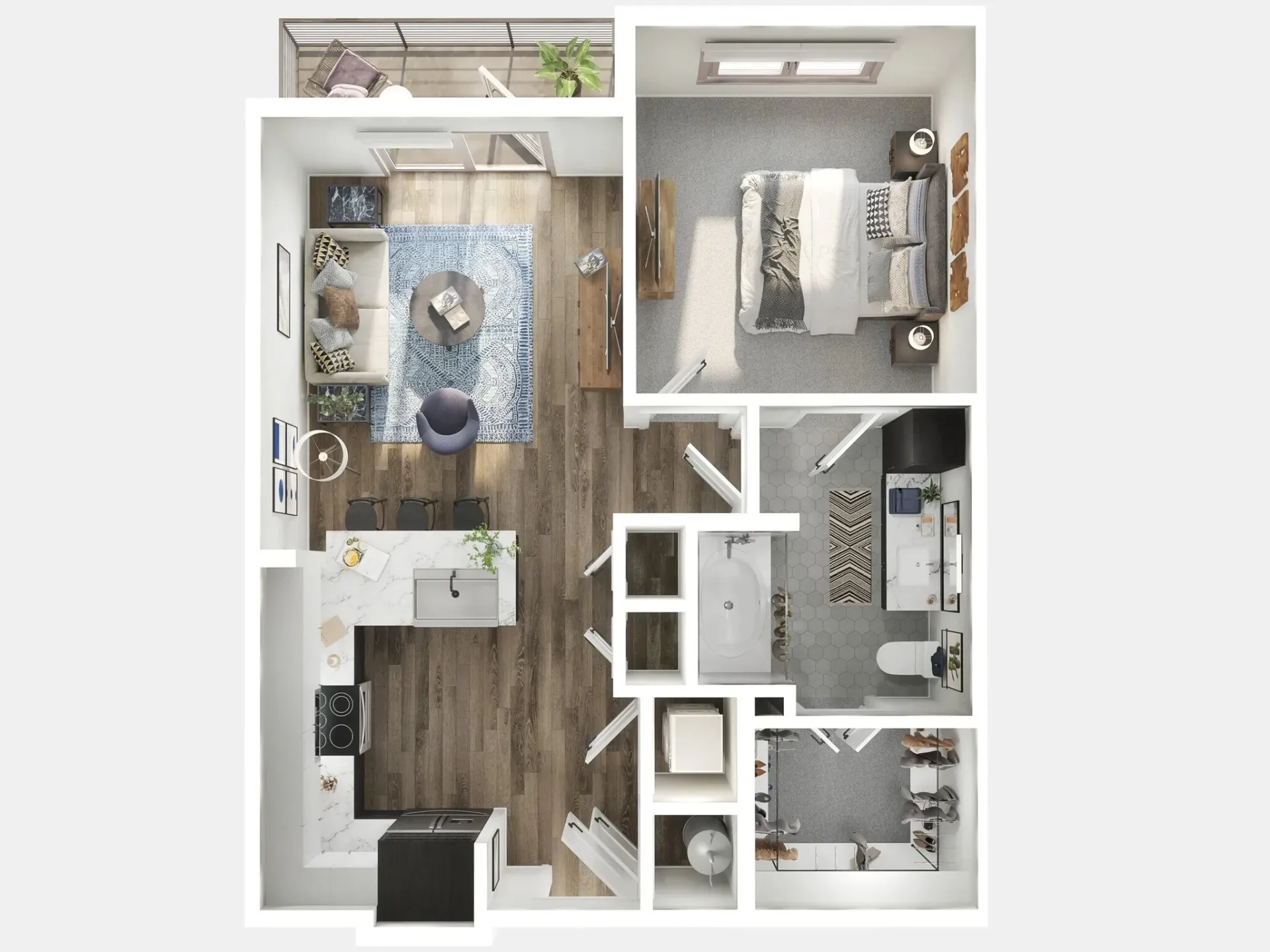 Top-down floor plan of a small apartment with bedroom, living area, kitchen, and bath.
