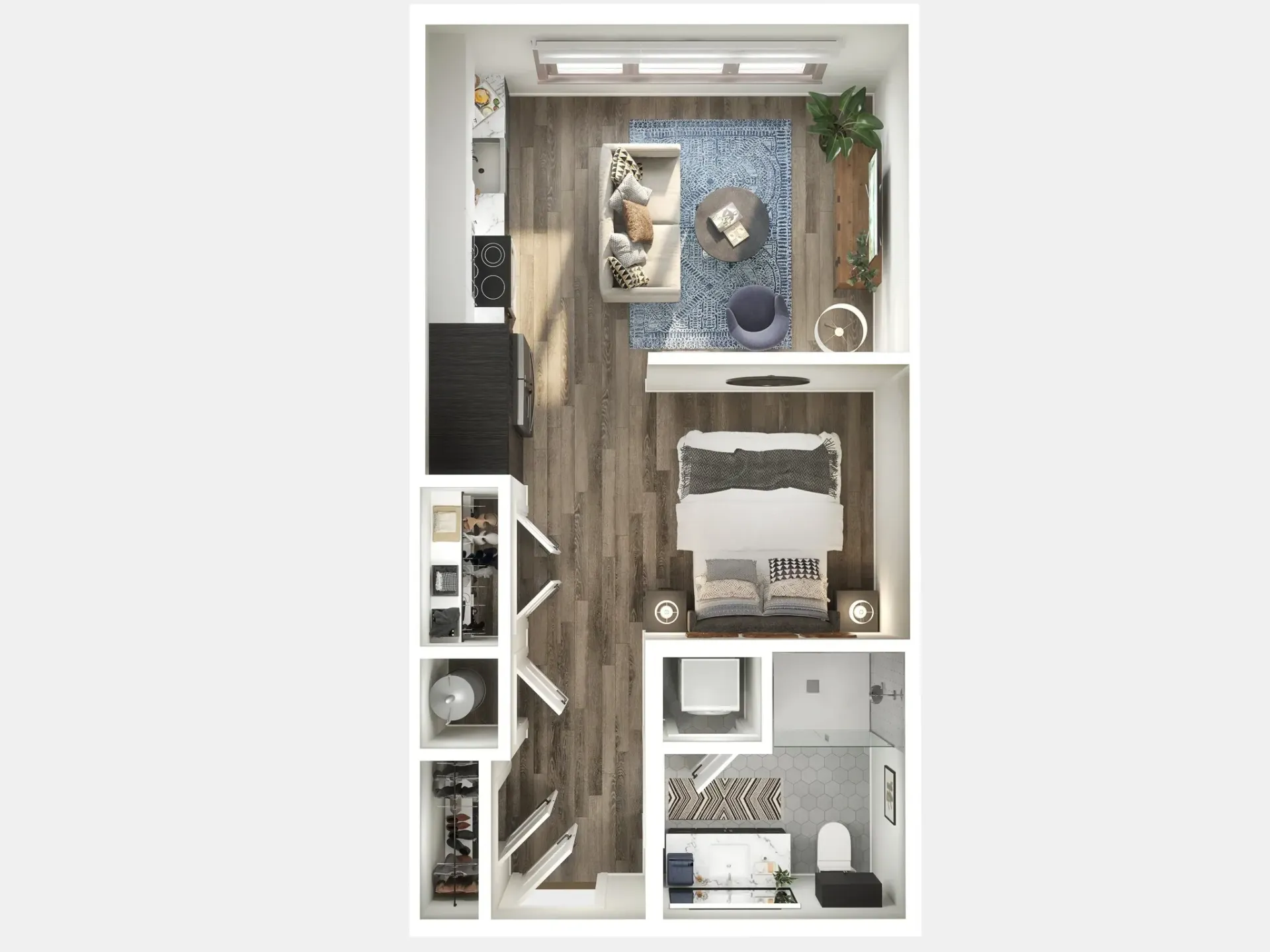 Top-down apartment floor plan with bedroom, bathroom, and living area in neutral tones