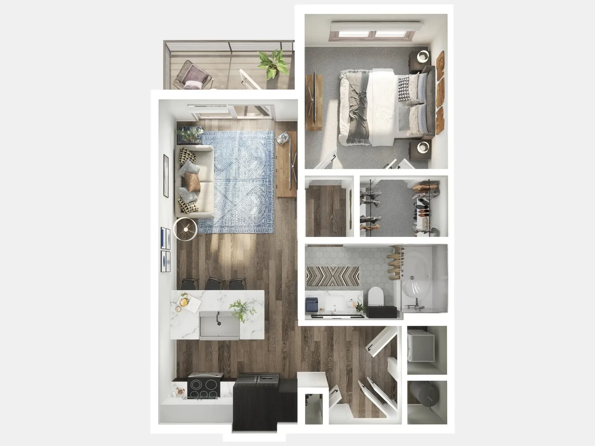 Collage of a modern home’s floor plan and interior design views, showing bedroom, bath, and living spaces.