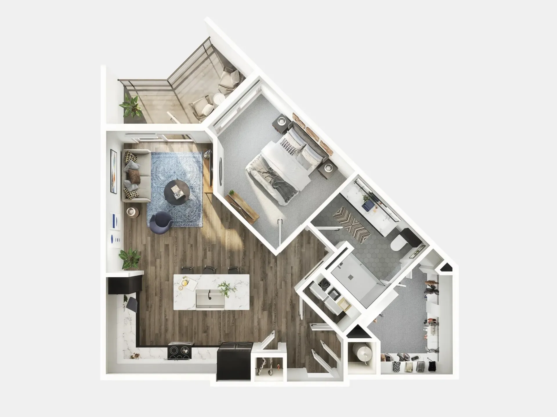 Top-down floor plan of a modern apartment with living, dining, kitchen, bedroom, and bathroom areas