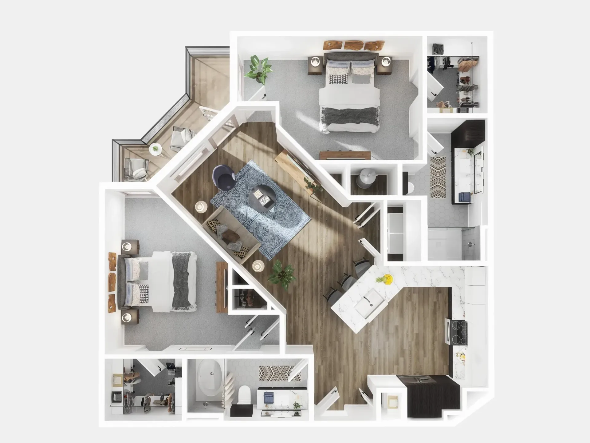 Top-down 3D floor plan of a bright two-bedroom apartment with central living and kitchen area.