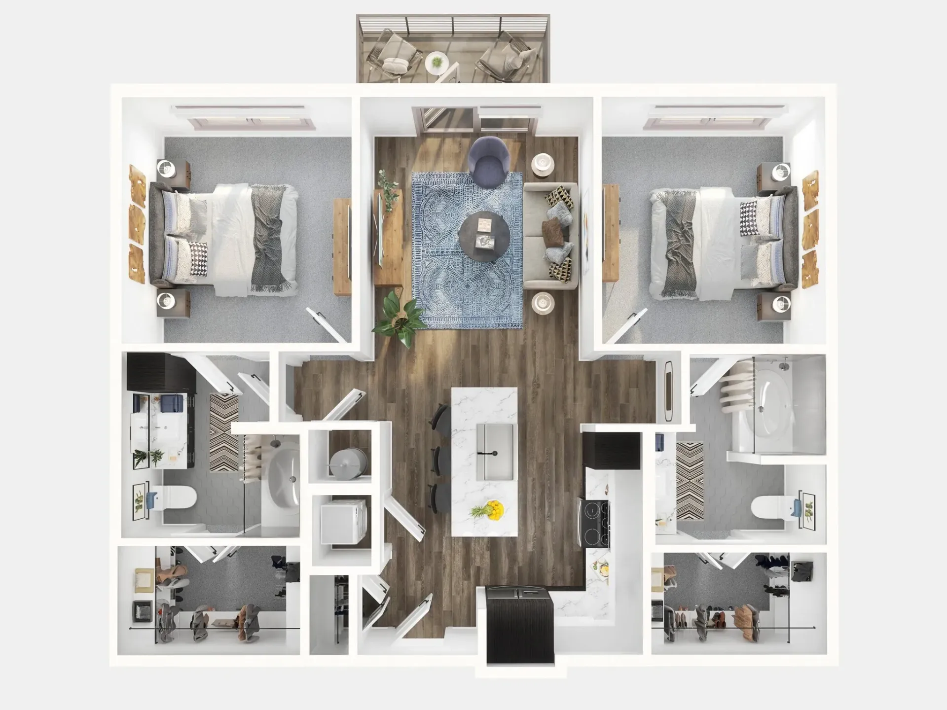 3D floor plan of a modern apartment with wood floors, kitchen, living area, bedroom, and bathroom.