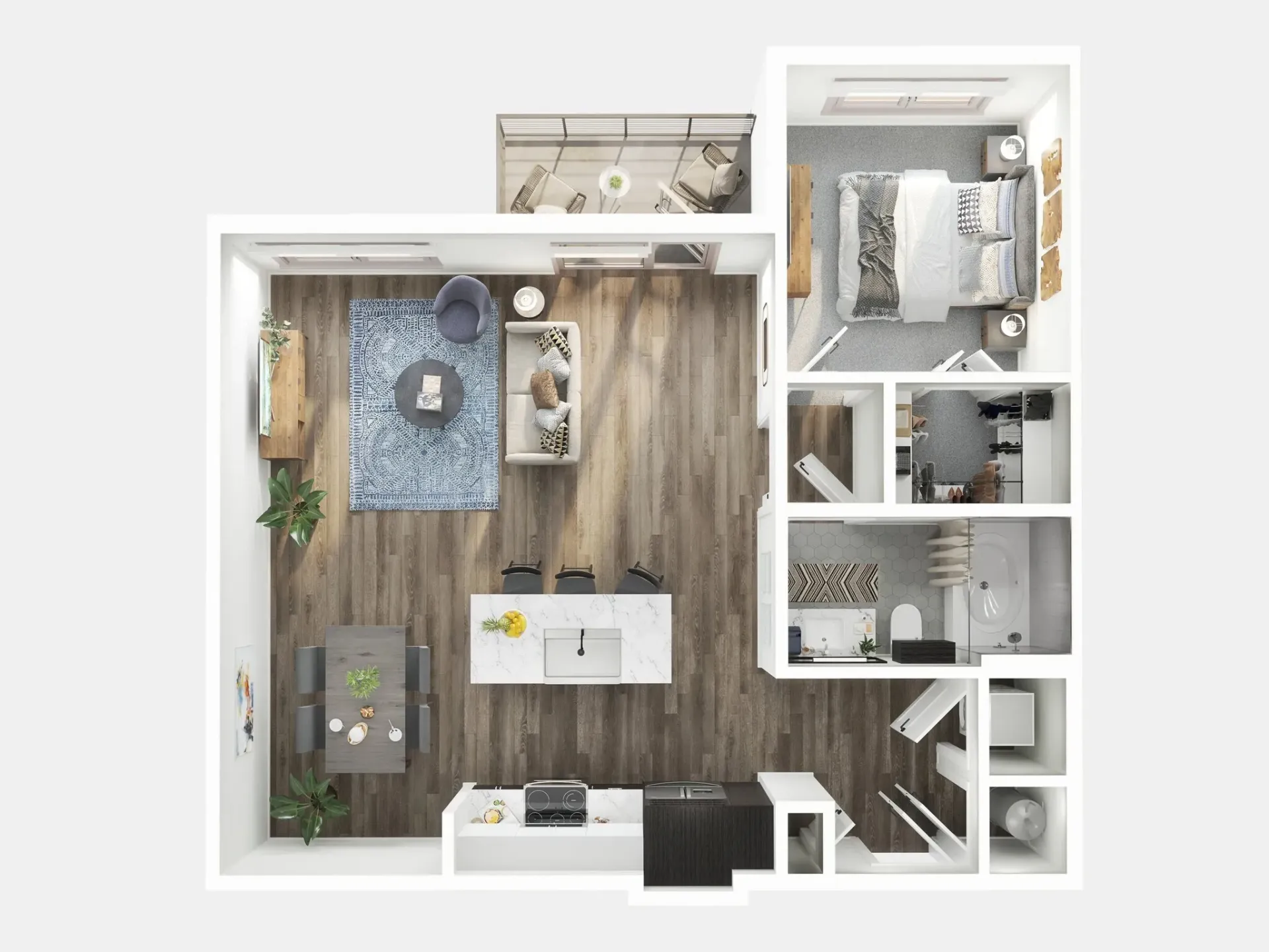 3D apartment floor plan with open kitchen, living area, bedroom, and bathroom in neutral tones