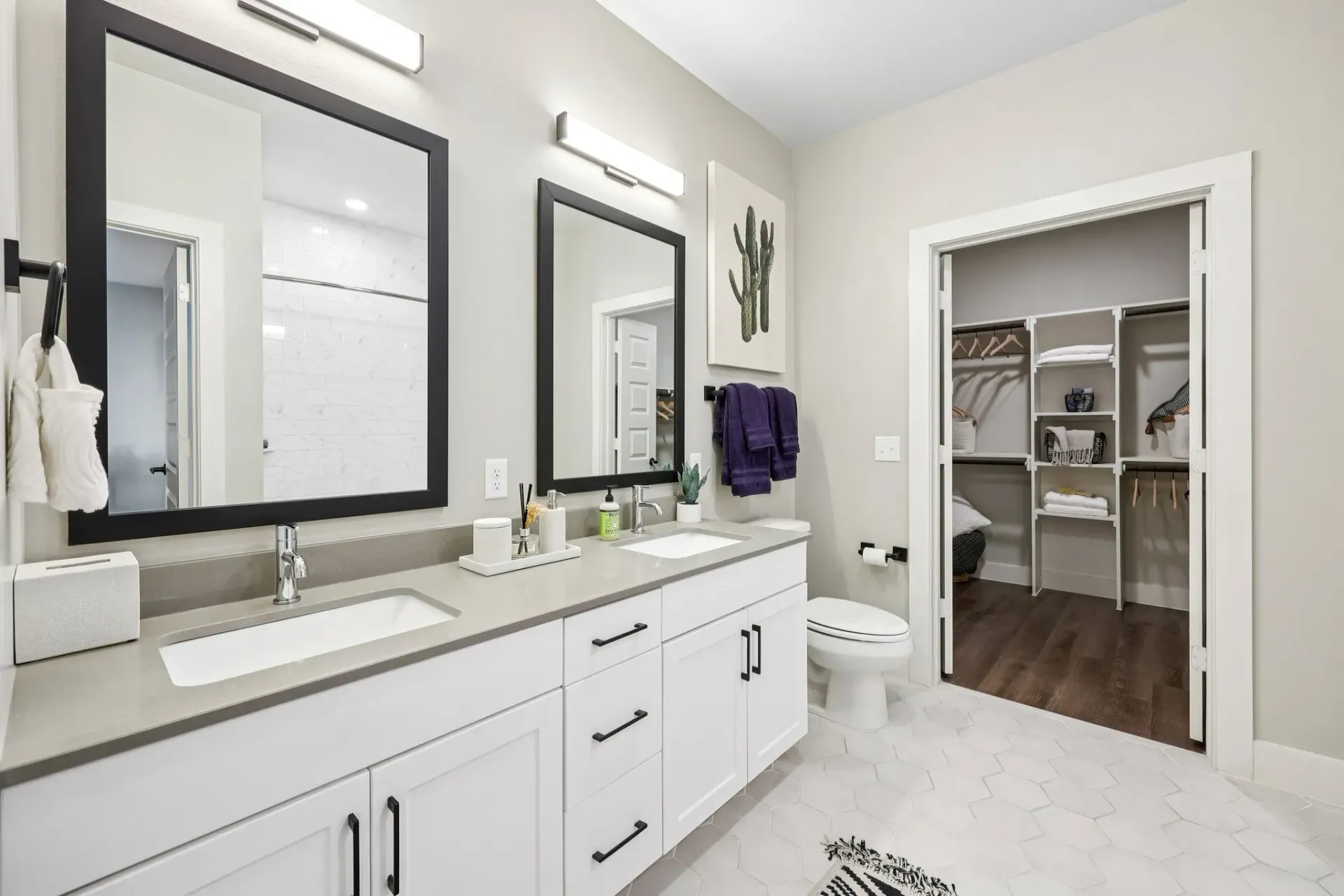 Bathroom with double vanity, walk-in closet, and modern fixtures.