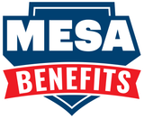 Logo for MESA BENEFITS in white text over a blue and red shield design.