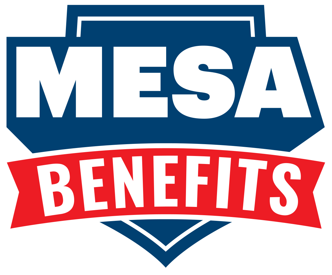 Logo for MESA BENEFITS in white text over a blue and red shield design.