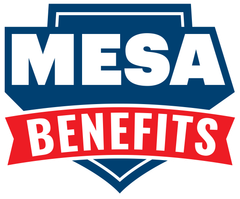 Logo for MESA BENEFITS in white text over a blue and red shield design.
