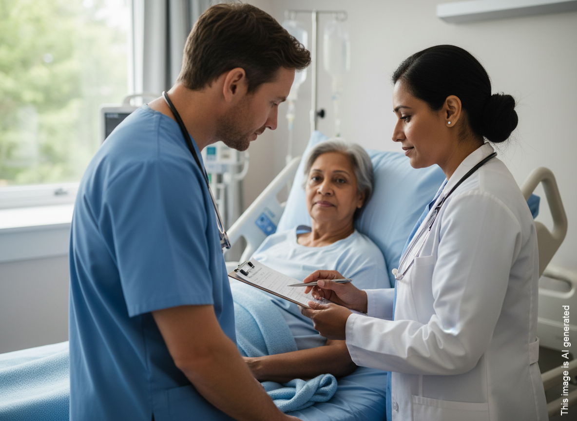 Two medical professionals reviewing paperwork with a patient in a hospital bed.
