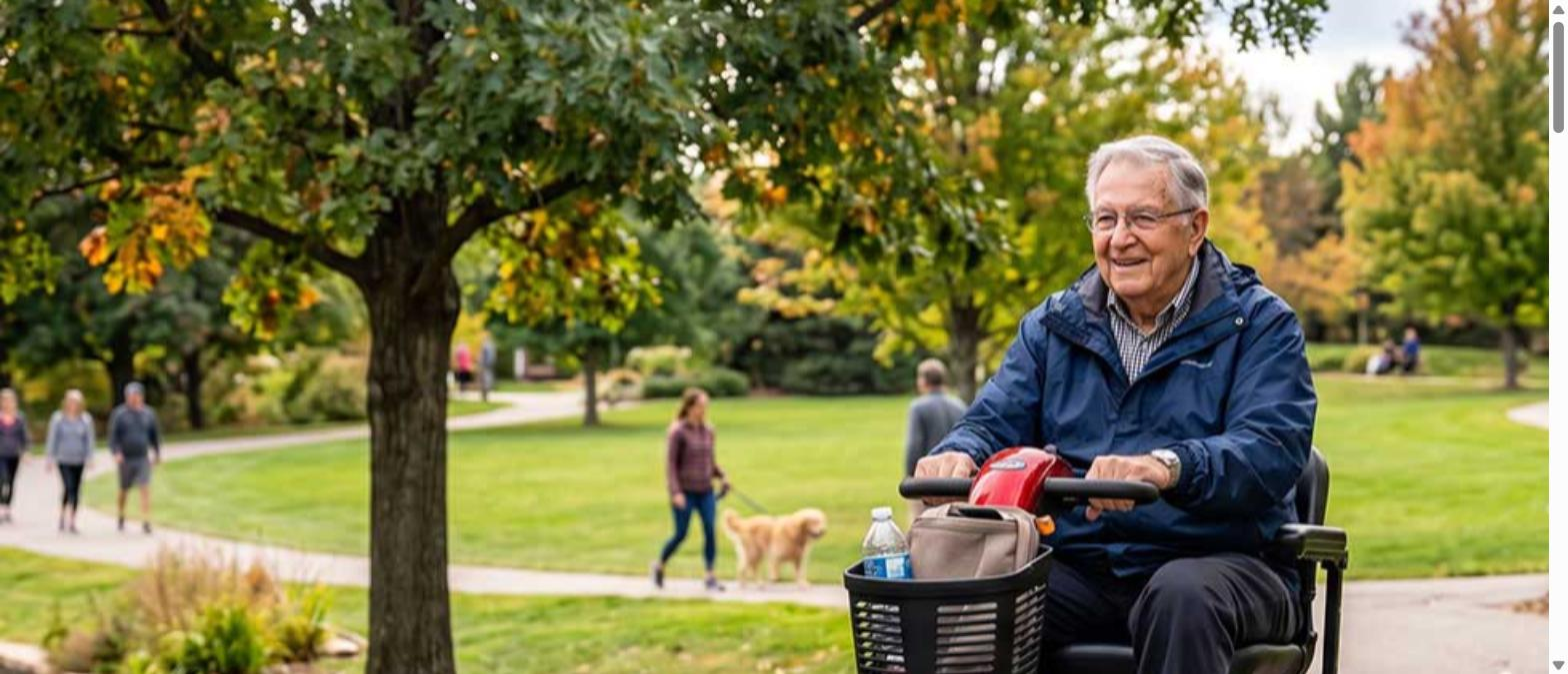 Smiling older man riding a mobility scooter on a park path in autumn