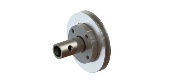 Metal mechanical shaft with circular flange and central tube on a white background