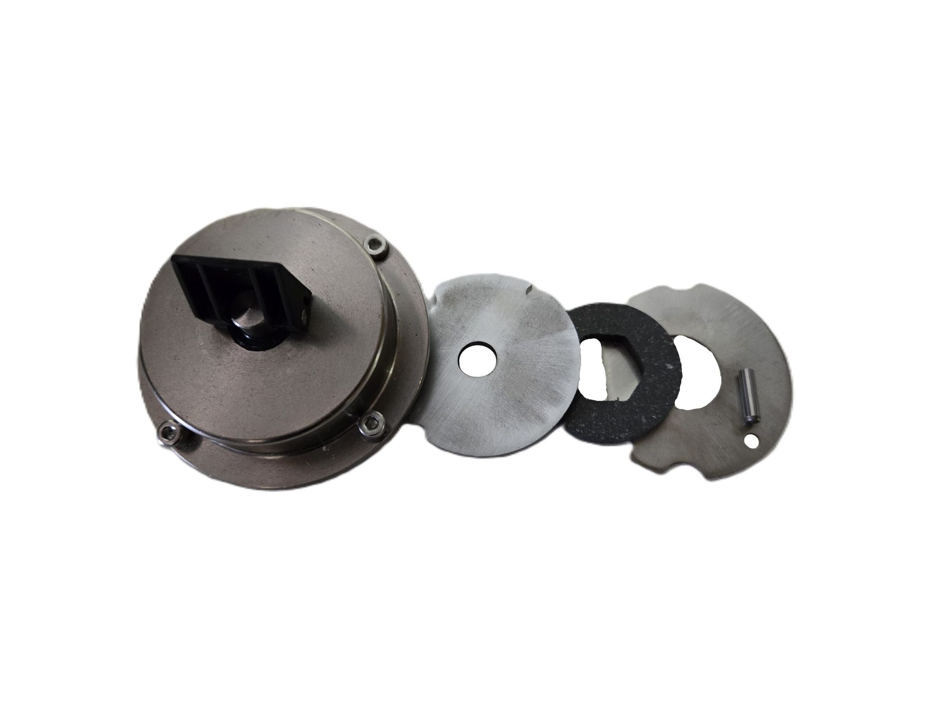 Metal mechanical parts arranged in a row, including a round black housing and gray discs, on a white background