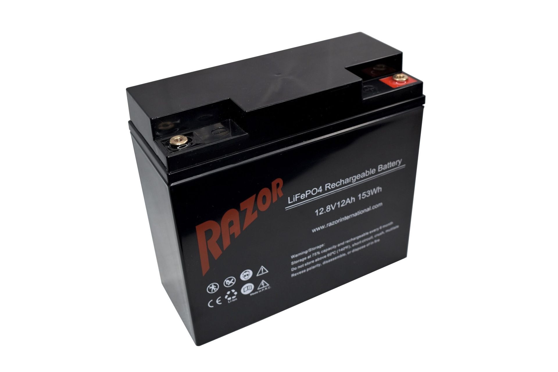 Black rectangular battery with orange branding on a white background