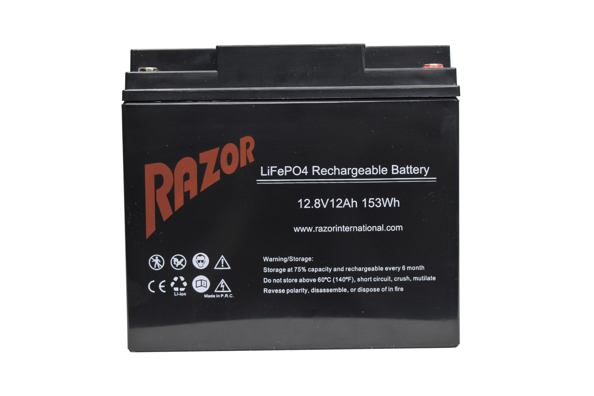 Black Razor LiFePO4 rechargeable battery with orange logo and white label text