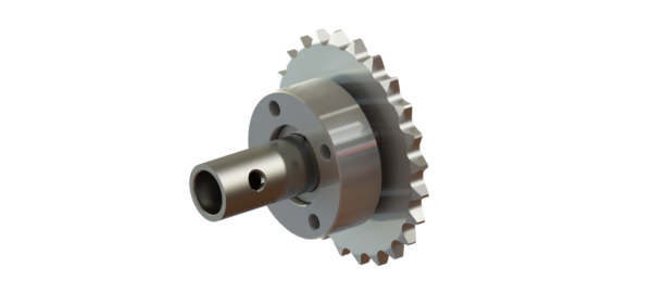 Metal gear shaft assembly with a toothed gear and cylindrical hub on a white background
