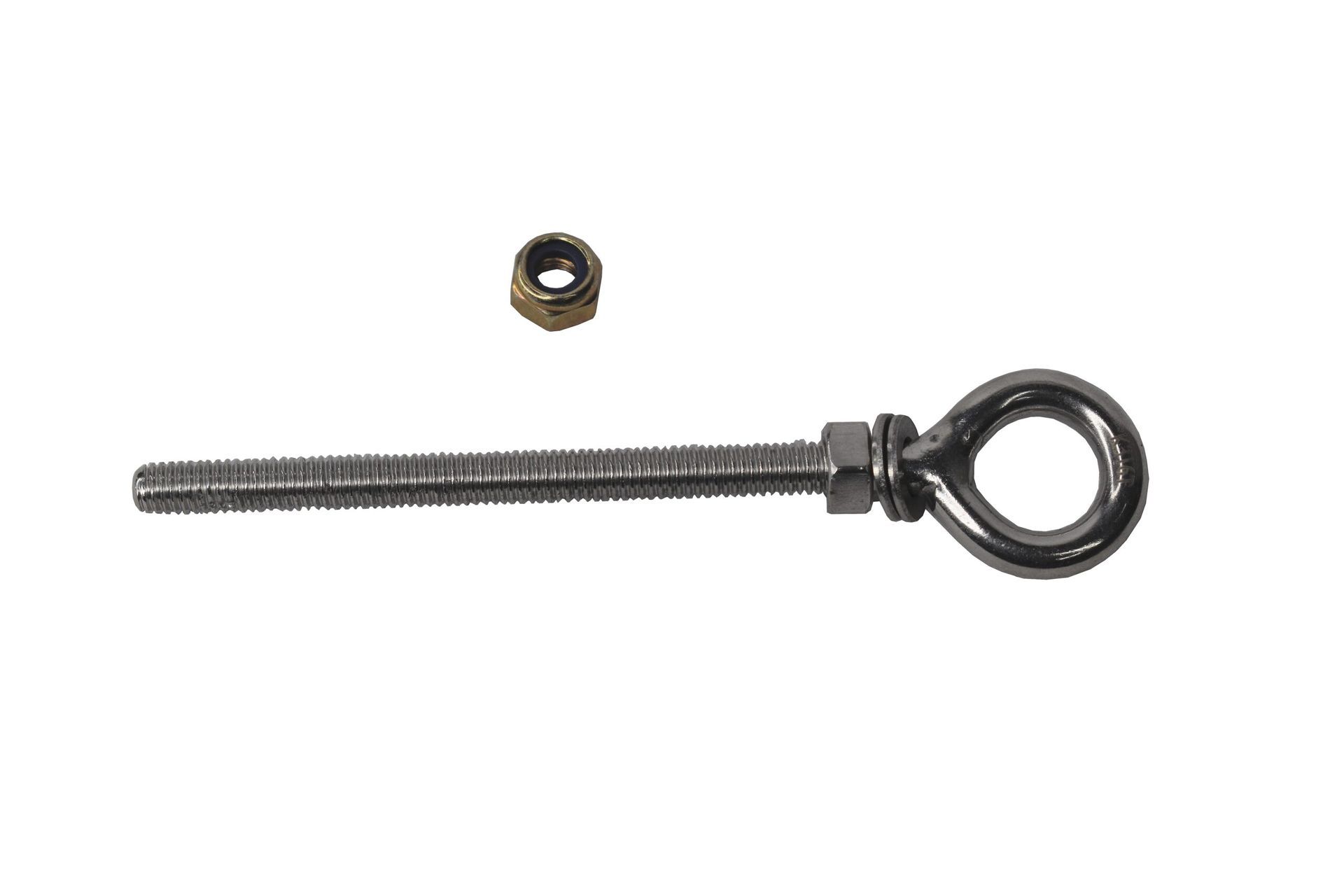 Metal eye bolt with a hex nut above it on a white background