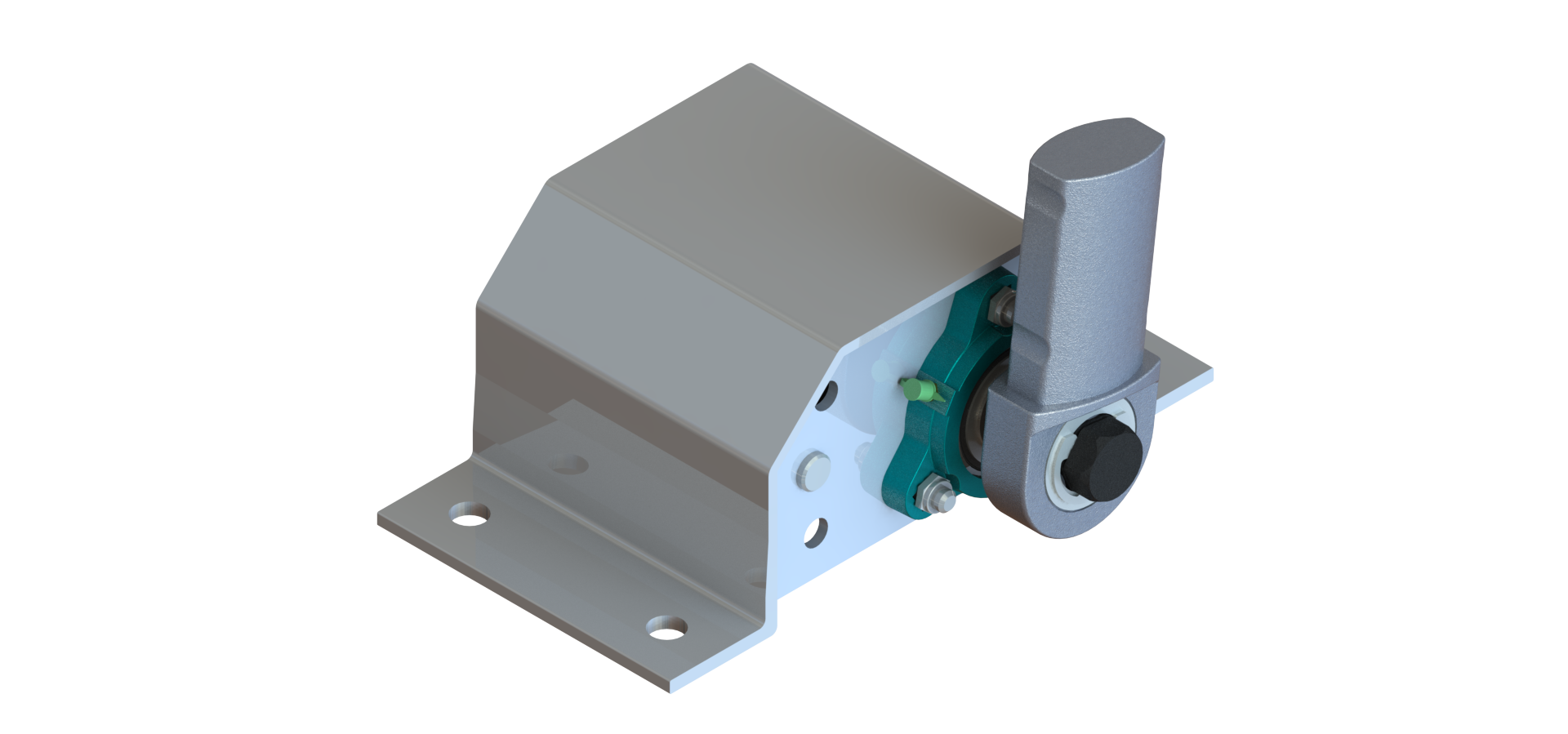 Metal mechanical clamp assembly with gray housing, blue bracket, and vertical cylindrical handle.