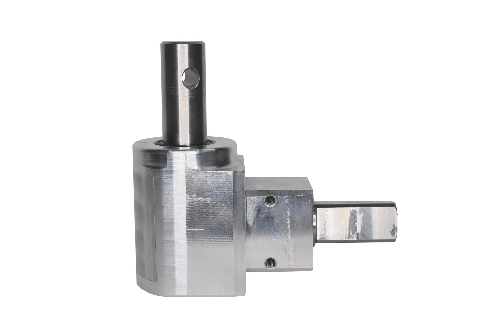 Metallic industrial machine attachment with a black cylindrical handle and protruding rectangular arm on white background