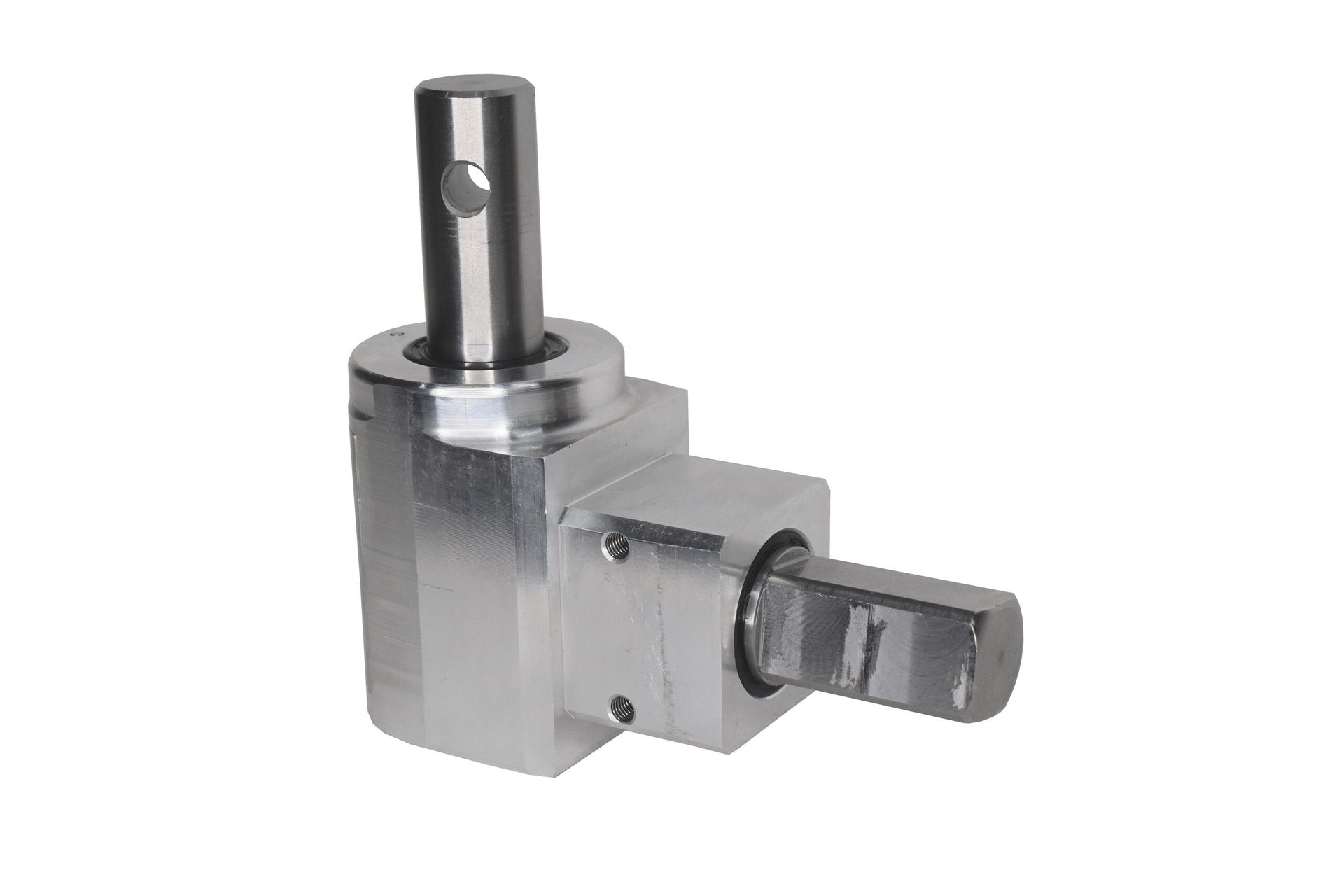 Metallic right-angle mechanical clamp with cylindrical shafts on a white background