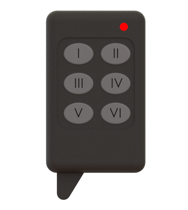 Black remote control with six gray Roman numeral buttons and a red indicator light.