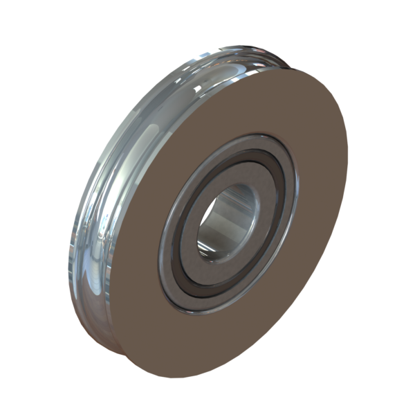 Shiny metal bearing or wheel pulley with a central hole, shown on a white background