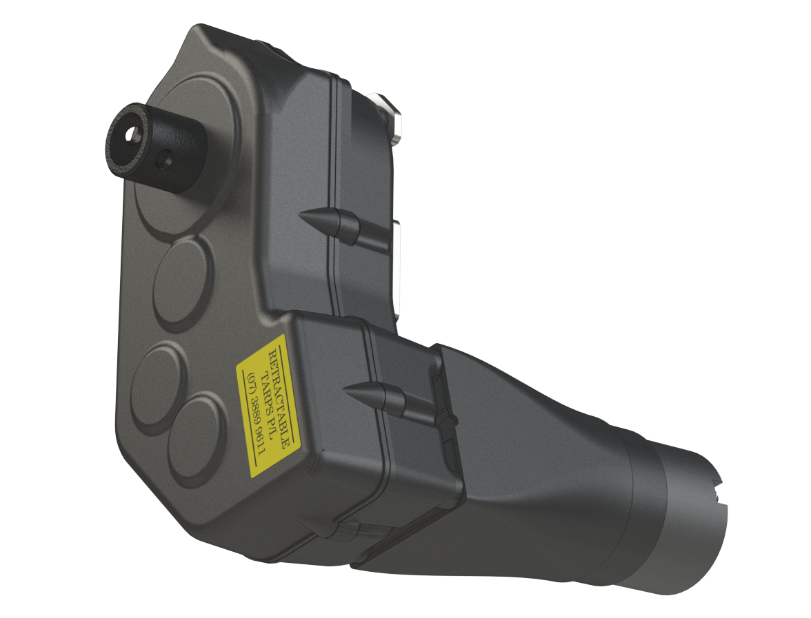 Black plastic automotive sensor with a yellow label and round connector on a white background