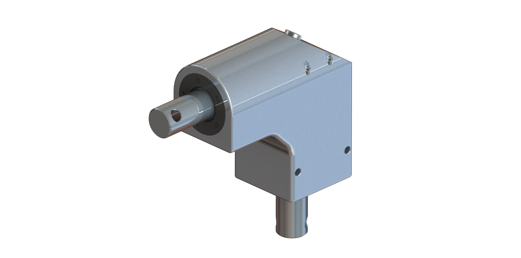 3D rendering of a metallic industrial gearbox with a protruding shaft and side mount tab