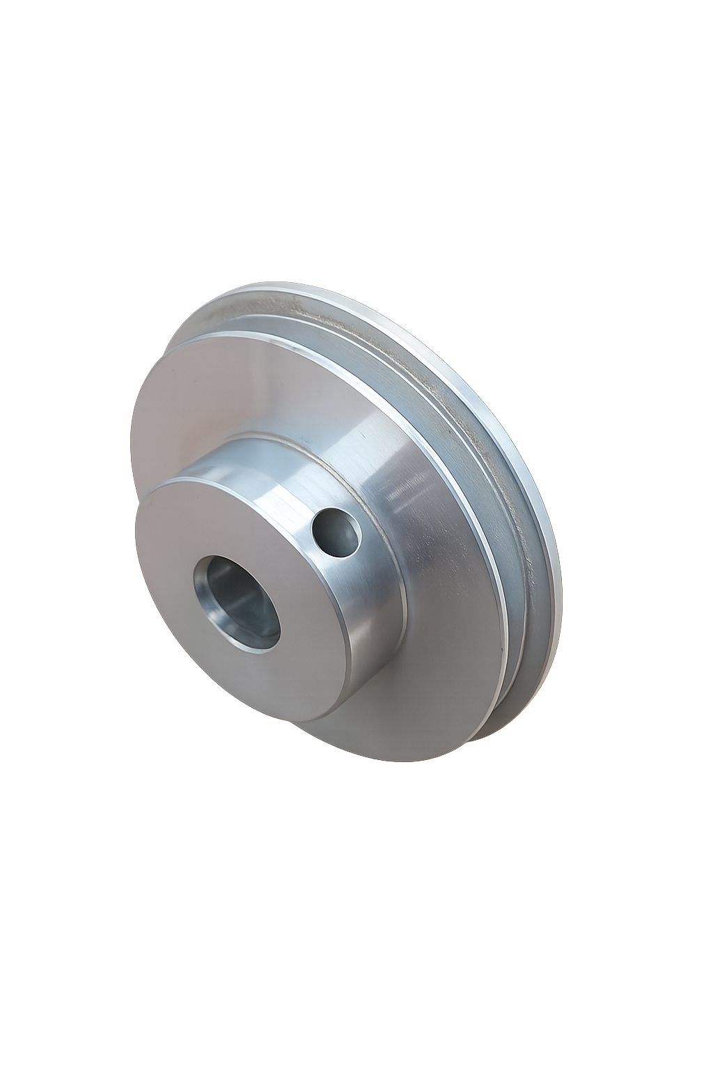 Silver metal pulley wheel with central hole and grooves on a white background