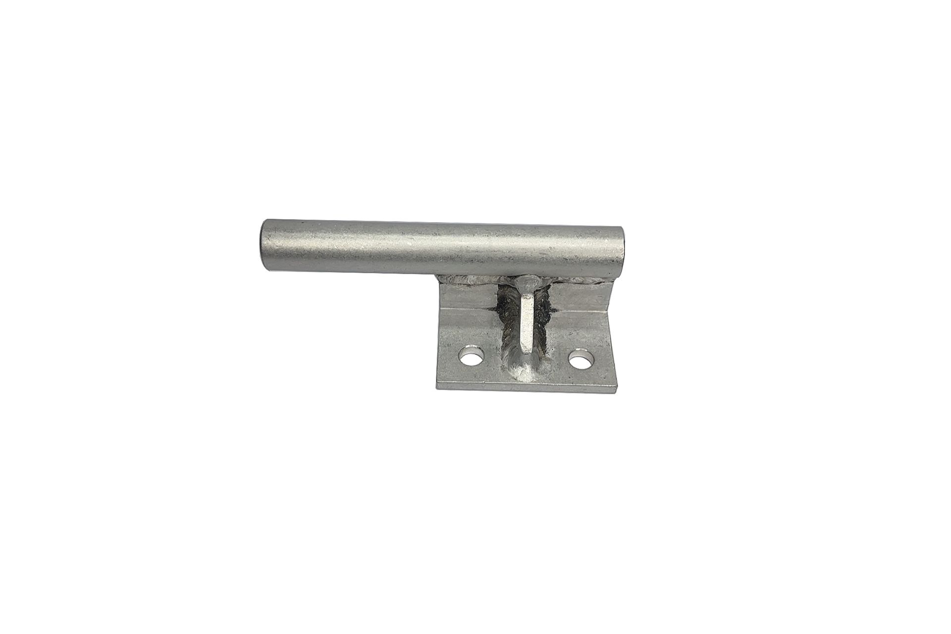 Silver metal door latch with a horizontal handle on a small mounting plate